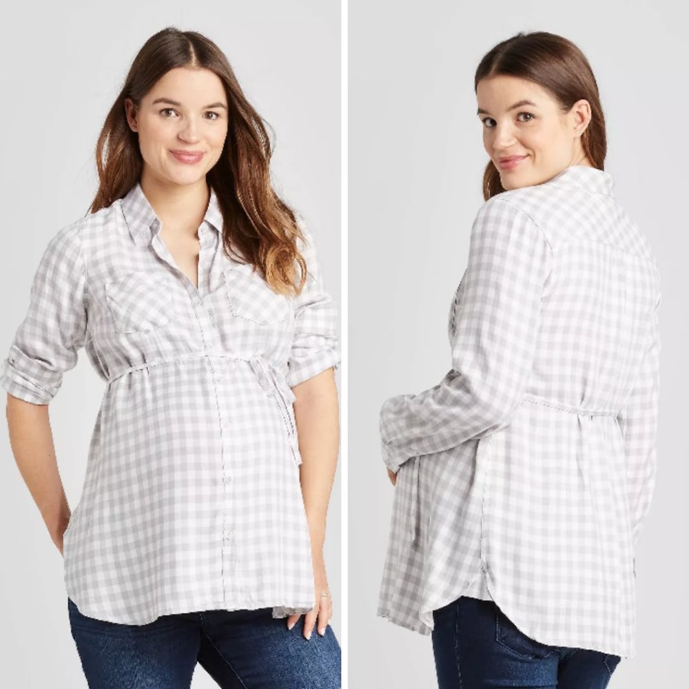MATERNITY PLAID LONG SLEEVE WOVEN POPOVER TUNIC XL
